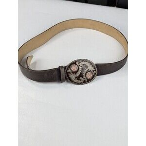 Streets Ahead Women Brown Leather  Belt Made in USA Size L Floral Buckle EUC